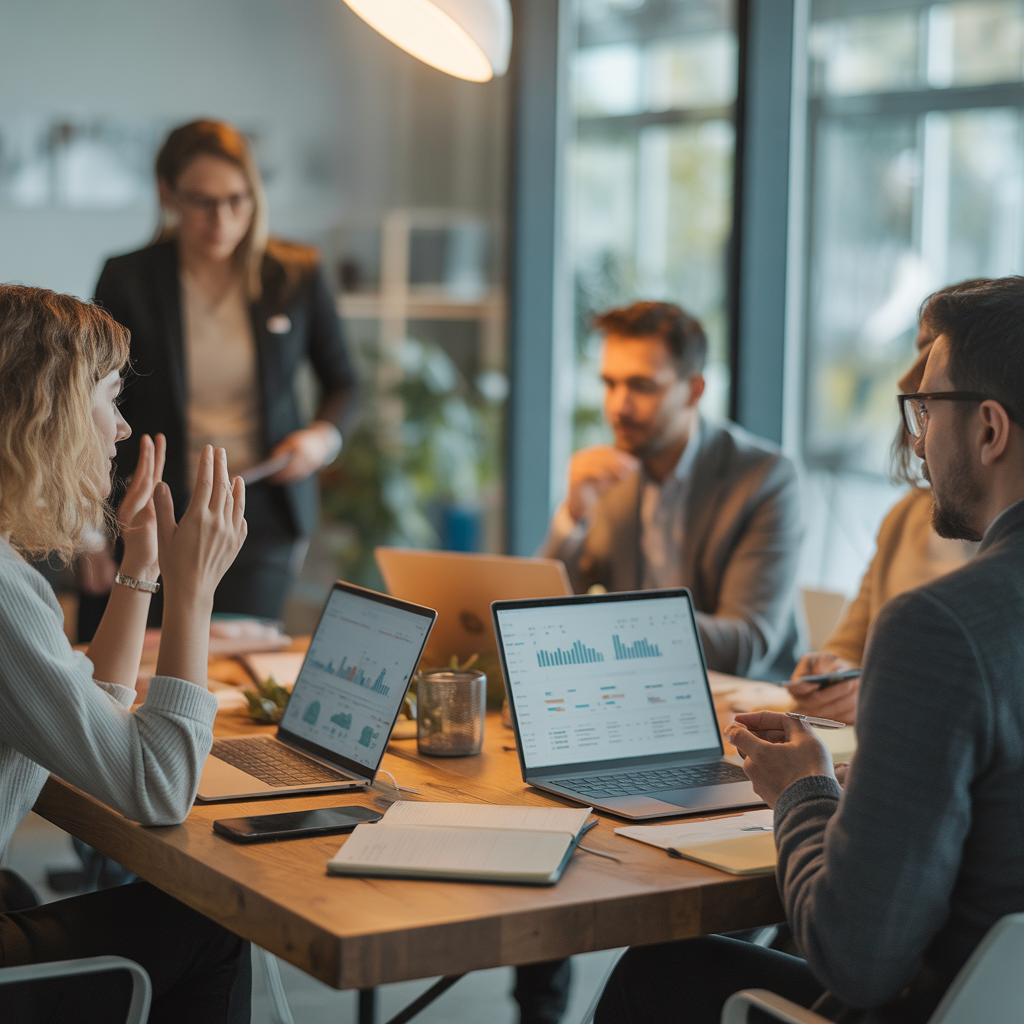 Equipe Gik Scale em reunião de mapeamento operacional com cliente — laptops com dashboards e dados visíveis